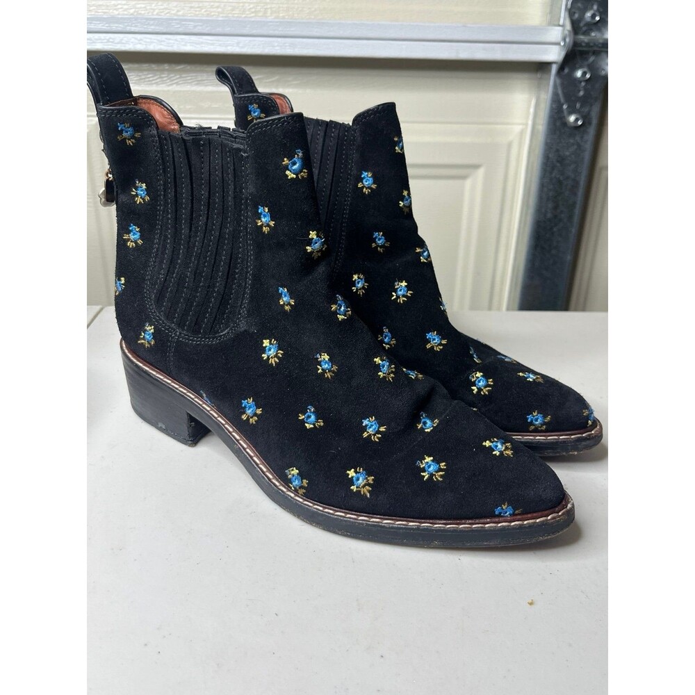 Coach Bowery Chelsea Boot Shoes Black Blue Flower Womens 9